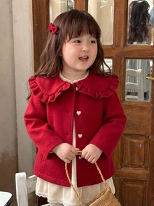 DAZY Young Girl Solid Color Peter Pan Collar Heart Single-Breasted Cute Overcoat - Red - View 2