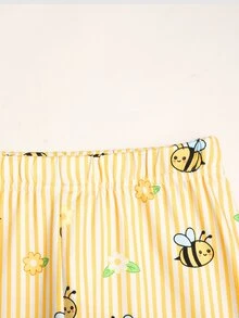 SHEIN 青少年女孩蜜蜂印花側開衩下擺T恤與條紋長褲休閒套裝 - 白色 - 查看 8