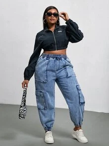 Slaydiva Plus Size Drawstring Tie Elastic Waist Pocket Denim Jeans Women's Jeans - Light Wash - View 3
