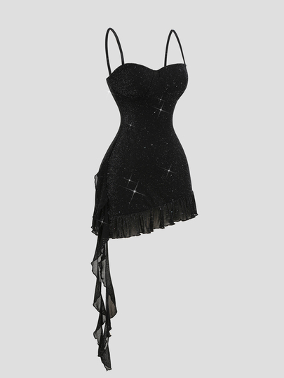 Sweetra Women's Black Party Sequin Mesh Asymmetrical Hem Cinched Waist Fitted Spaghetti Strap Dress