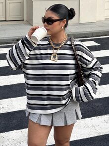 Muchica 大尺碼女款圓領橫條紋休閒日常百搭長袖T恤 - 彩色 - 查看 7
