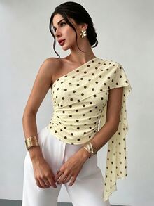 Firerie 夏季女款簡約優雅度假休閒日常時尚百搭白色不對稱肩領拼接網眼針織不對稱緞帶修身上衣 - 彩色 - 查看 6