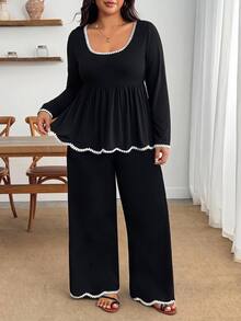 Enliva Set 2 Potong Wanita Plus Size Renda Hitam Blok Warna, Cocok untuk Pergi Kerja, Bentuk Tubuh Apel dan Bulat - Hitam dan Putih - View 7