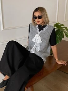 DAZY 女款V領灰色蕾絲拼接蝴蝶結百搭針織背心 冬季 - 灰色 - 查看 4
