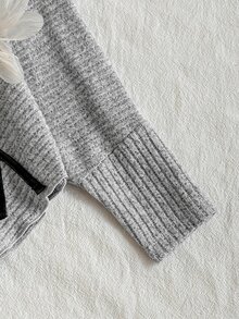 SHEIN Playful Pals Infant Girls Spring Autumn Winter Casual Family Matching T-Shirt Set Asymmetrical Pullover High Neck Brushed Grey Light Grey Ribbed Fabric 3D Flower - Grey - View 6
