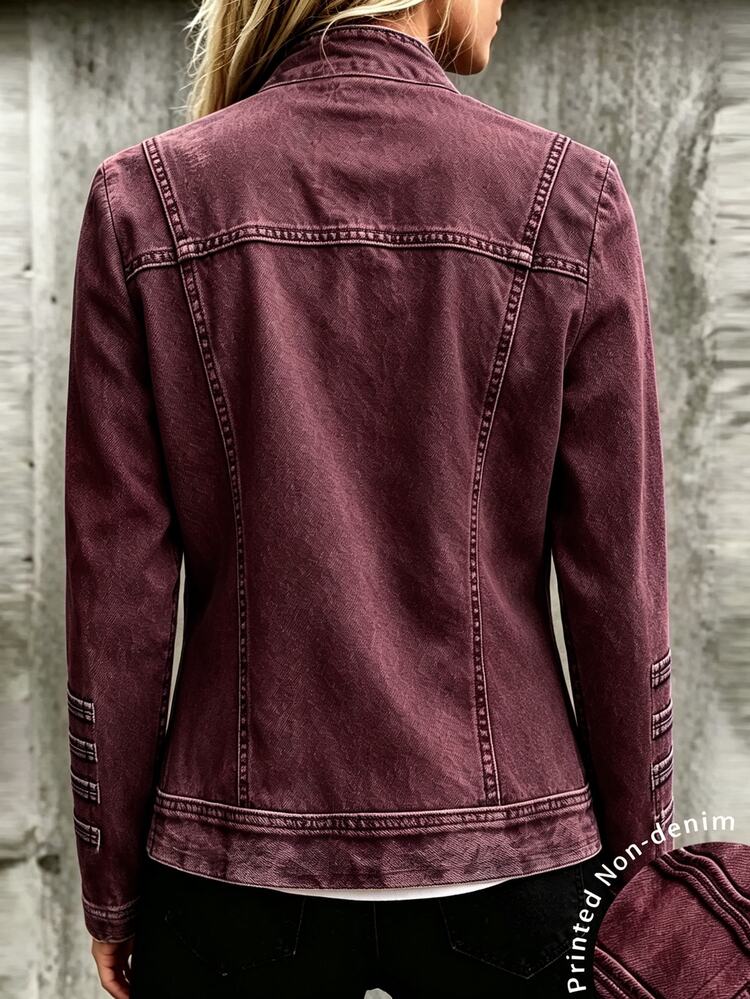 SHEIN Women's Blue Printed Stand Collar Jacket, Double-Breasted Metal Button Vintage Court Style Cardigan, Chinese Stand Collar, Long Sleeve Open Front - Burgundy - View 2