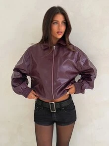 Aloruh Women's Deep Purple Leather Minimalist Jacket, Early Autumn Outfit - Purple - View 3