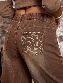 SHEIN PETITE 女款棕色口袋時尚百搭九分牛仔褲 - 咖啡棕 - 查看 5