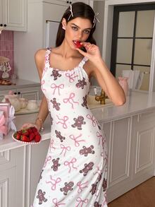SweetSlumber Women's Sweet Christmas Cute Gingerbread Man Bow Print Frill Trim Knit White Nightgown - White - View 3