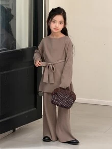 DAZY Tween Girl Crew Neck Long Sleeve Sweater And Knit Pants Set - Khaki - View 1