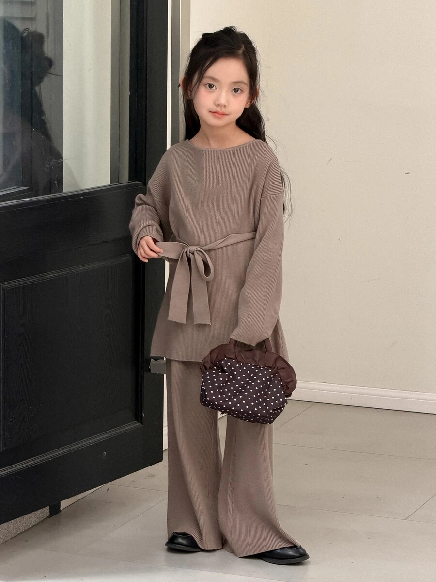 DAZY Tween Girl Crew Neck Long Sleeve Sweater And Knit Pants Set - Khaki - View 1