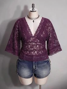 SHEIN ICON 大尺碼 Y2K 性感 V 領蕾絲拼接喇叭袖上衣 - 紫色 - 查看 4