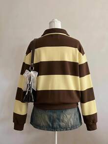 Aloruh Women's Early Autumn Casual Versatile Brown Striped Sweatshirt, Suitable For Outfits, College Style Sweatshirt - Multicolor - View 5
