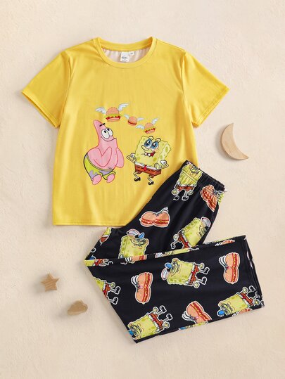 SpongeBob SquarePants | SHEIN Повсякденний домашній комплект для хлопчика підлітка: футболка з круглим вирізом і коротким рукавом та довгі штани