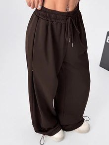 SHEIN EZwear Chocolate Brown Plus Size Spring/Summer Versatile Drawstring Sweatpants - Chocolate Brown - View 4