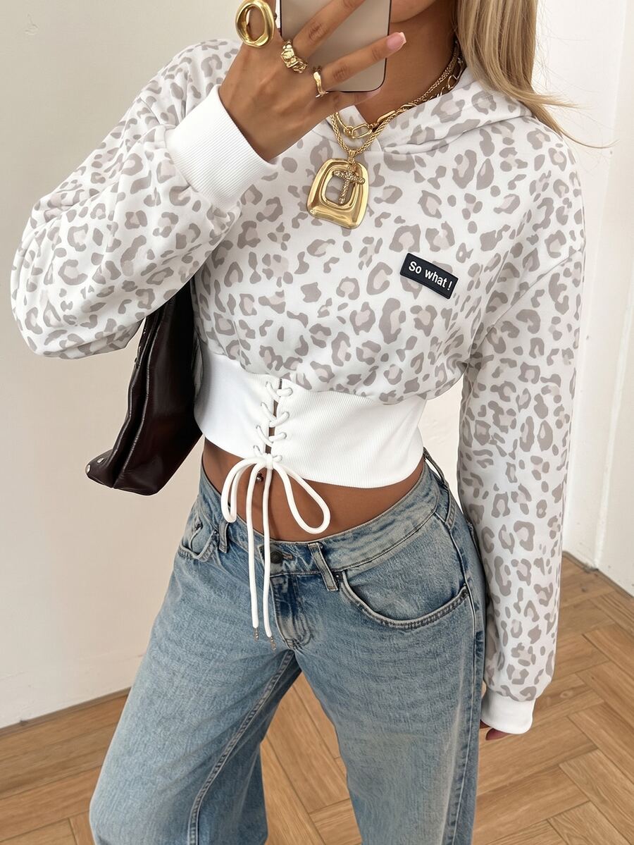 SHEIN EZwear Leopard Print Letter Patched Lace Up Front Wide Hem Crop Hooded Sweatshirt - Multicolor - View 1
