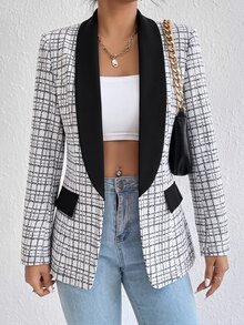 SHEIN Holidaya Áo khoác blazer cardigan phối màu thời trang thanh lịch đa năng cho nữ, mùa thu/đông, phong cách công sở - màu đen - Xem 3