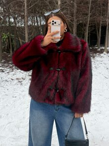 Muchica Plus-Size Burgundy Faux Fur Cropped Jacket For Autumn And Winter, Featuring Toggle Closures And A Full Lining. - Redwood - View 5