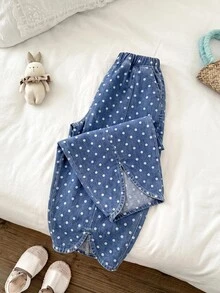 SHEIN Tween Girl 女孩波點杏色牛仔寬鬆鬱金香腿褲，適合萬聖節、世界盃、畢業季、休閒返校穿著，夏冬秋三季皆宜 - 彩色 - 查看 6