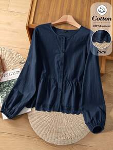 Rusticease Blus Wanita Warna Polos Leher Bulat Lengan Panjang Kancing Tunggal dengan Hem Berkerut untuk Kantor Warna Biru Tua Musim Gugur Elegan Kasual - Navy Blue - View 1