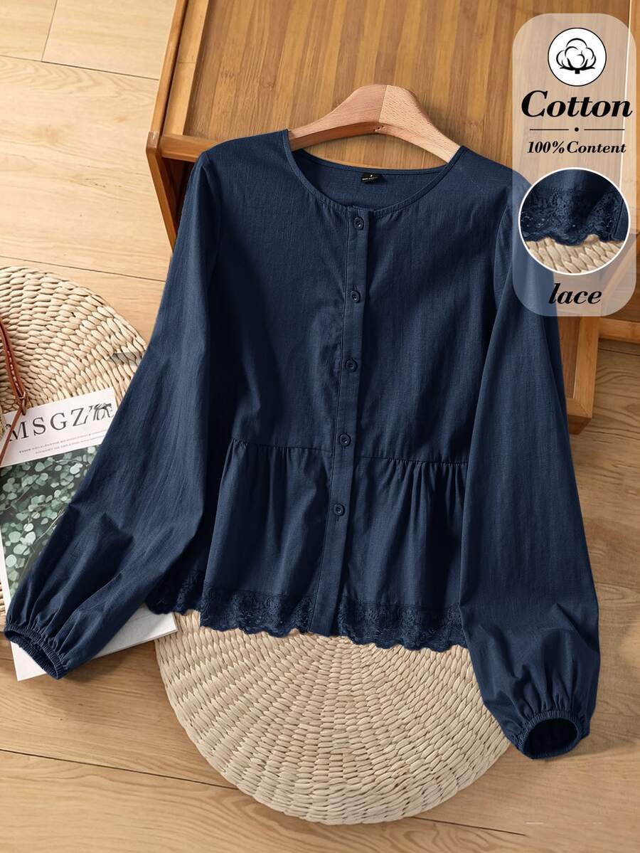 Rusticease Blus Wanita Warna Polos Leher Bulat Lengan Panjang Kancing Tunggal dengan Hem Berkerut untuk Kantor Warna Biru Tua Musim Gugur Elegan Kasual - Navy Blue - View 1