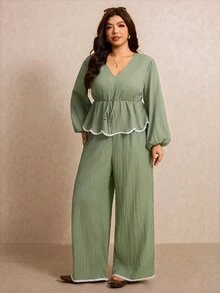 Elaquor Plus Contrast Binding Peplum Top & Wide Leg Pants Fall - Green - View 4