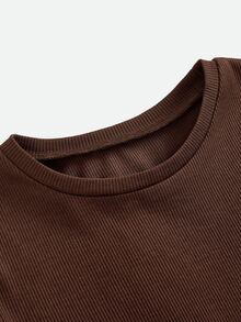 SHEIN Pitira Tween Girl Casual Knitted Solid Color & Floral Patchwork Round Neck Long Sleeve Dress - Brown - View 7