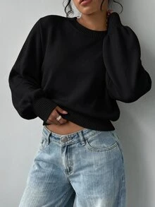 SHEIN BASICS 女款素色圓領長袖休閒百搭針織衫 - 黑色 - 查看 4