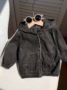 SHEIN Baby Boy Casual Washed Hooded Autumn Jacket - Dark Grey - View 4