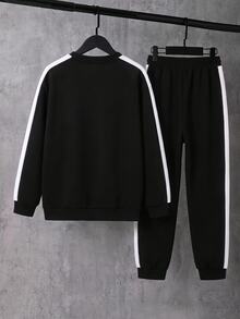 Teen Boy Casual Minimalist Long Sleeve Comfortable Crew Neck Sweatshirt & Pants 2 Pieces Set, Thermal Lined, Suitable For Autumn/Winter - Multicolor - View 2