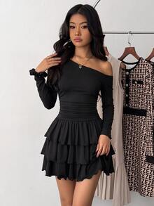 SHEIN Teen Girl Spring Autumn Winter New Casual Elegant Academy Style French Asymmetrical Shoulder Neckline Ruched Patchwork Layered Ruffle Hem Cake Pleat Long Sleeve Dress, Party, Daily Wear, Black Dress - Black - View 4
