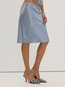MUSEYN Blue Satin Low Waist Midi Skirt Classy Date Night Chic Evening Fall - Blue - View 1