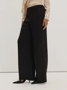 MUSEYN Black Satin Straight Leg Trousers Classy Date Night Chic Evening Fall - Black - View 3