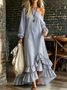 SHEIN Franclia Women's Blue And White Stripe Vertical Asymmetrical Shoulder Ruffle Dress, Single Shoulder Exposed, Asymmetric Neckline, French Casual Boho Beach Fall - Blue - View 4