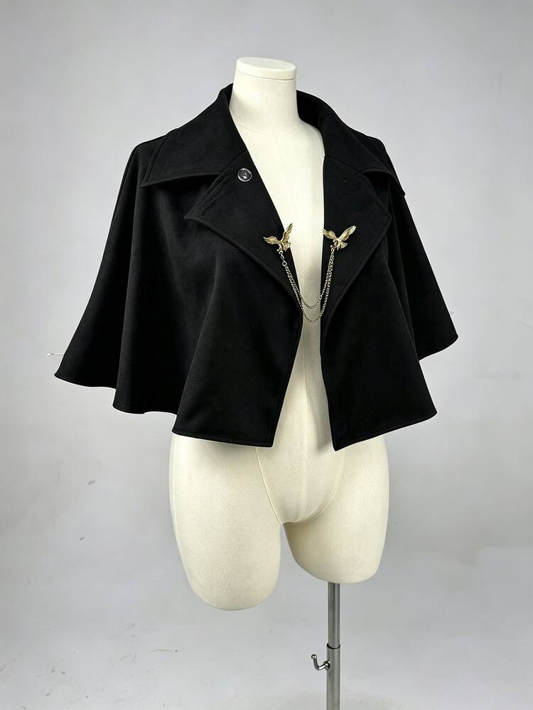 Sweetra Plus Size Women's College Style Cape Jacket Suitable For Dating, Vacation, Party, Daily Outings, Gatherings, Outdoor Activities - Black - View 4