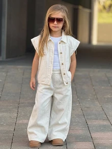 DAZY Young Girl) Lapel Casual Sleeveless Denim Top + Straight Leg Pants Two Pieces Denim Outfit Set - White - View 5