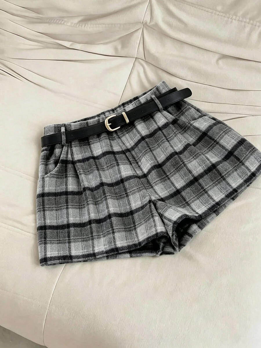 Franclia Women Plus Size Jacquard Tweed Grey Plaid Shorts Commuter Casual - Grey - View 1
