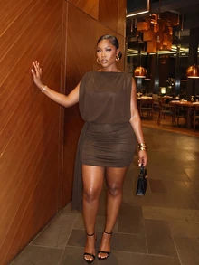 Slaydiva Sexy Street Date Party Women Slim Fit High Elastic Pleated Detail Chiffon Outer Layer Cover Up Ribbon Plus Size Mini Dress - Brown - Brown - View 7