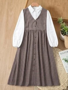Rusticease Plus Size Women's Patchwork Plaid Button Design 2 In 1 Preppy Style Dress Fall - Multicolor - View 4