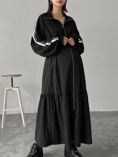 DAZY Contrast Striped Loose Cinched Waist Zipper Long Casual Streetwear Everyday Spring Autumn Maternity Dress