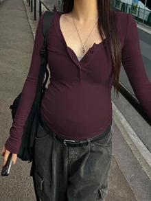 DAZY Solid Color Fitted Elastic Long Sleeve Round Neck Ruched Casual Daily Vacation Spring Autumn Maternity T-Shirt - Burgundy - View 3