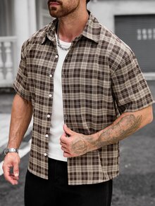 Manfinity Homme Men's Plus Size Plaid Short Sleeve Shirt, Casual Fashion Creative Personalized Streetwear - Brown - View 6