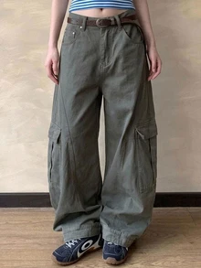 DAZY Army Green High-Waist Side Flap Large Pocket Loose Wide Leg Cargo Casual Pants For Women - Army Green - View 10