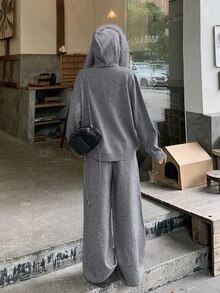 DAZY Women's Solid Color Zip-Up Hooded Sweater And Casual Loose Pants 2 Pieces Set - Grey - View 2