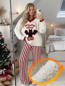 DAZY Halloween Themed Pattern Autumn/Winter Soft Knit Comfortable Half-Fleece 2 Pieces Loungewear Pajama Set For Women - Red - View 4