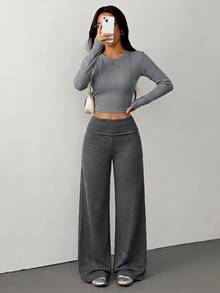 SHEIN PETITE 女款純色高腰極簡休閒日常百搭時尚寬腿長褲 - 深灰色 - 查看 6