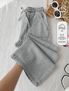 Tween Girl Fashionable Versatile Drawstring Waist Pocket Loose Denim Jeans - Light Grey - View 1