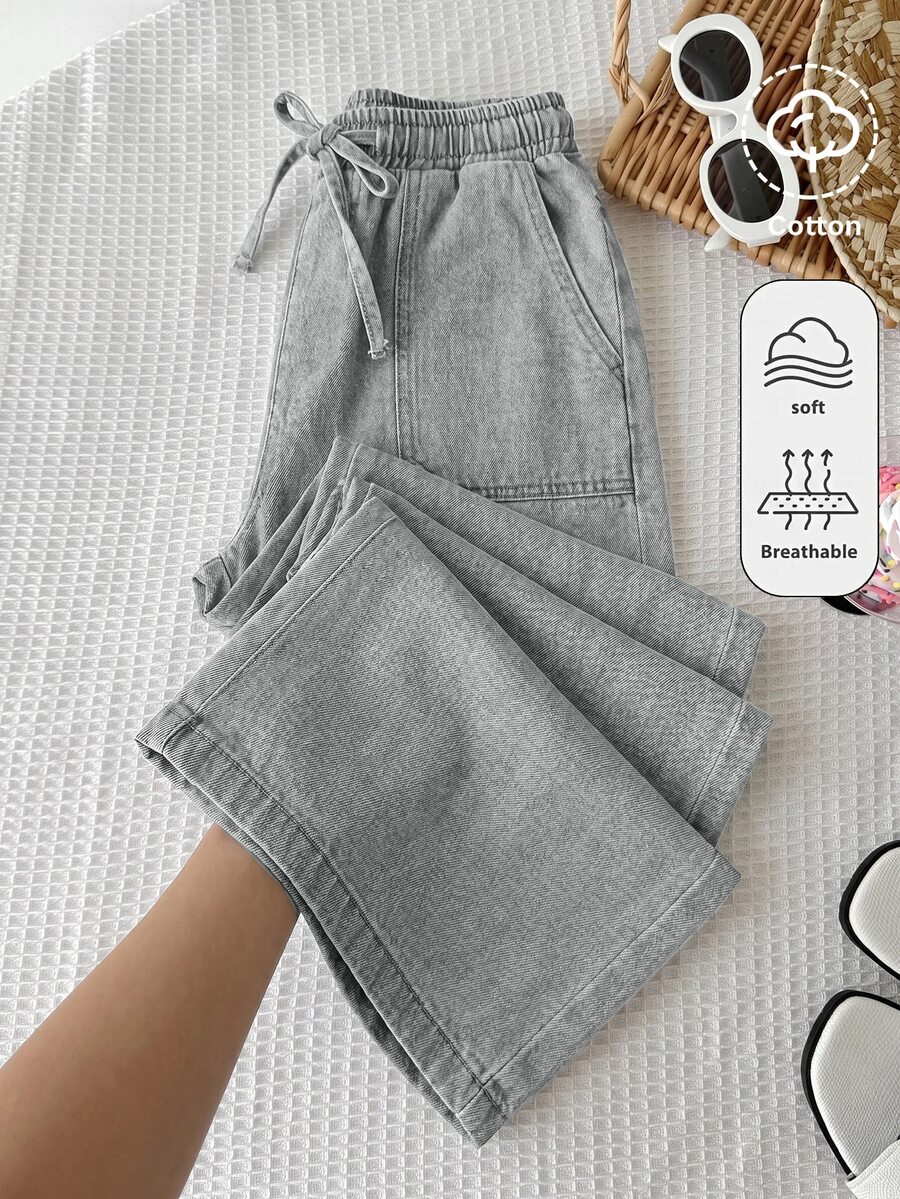 Tween Girl Fashionable Versatile Drawstring Waist Pocket Loose Denim Jeans - Light Grey - View 1