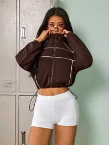 SHEIN Sovereign Charm Women's Striped Colorblock Drawstring Zipper Sports Sweatshirt - Brown - View 3