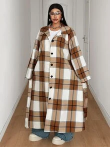 Maweii Jaket Wanita Plus Size Kasual Minimalis Gaya Street Nyaman untuk Komuter Musim Gugur Motif Kotak Kancing Longgar Panjang dengan Tali Pinggang - Khaki - View 6